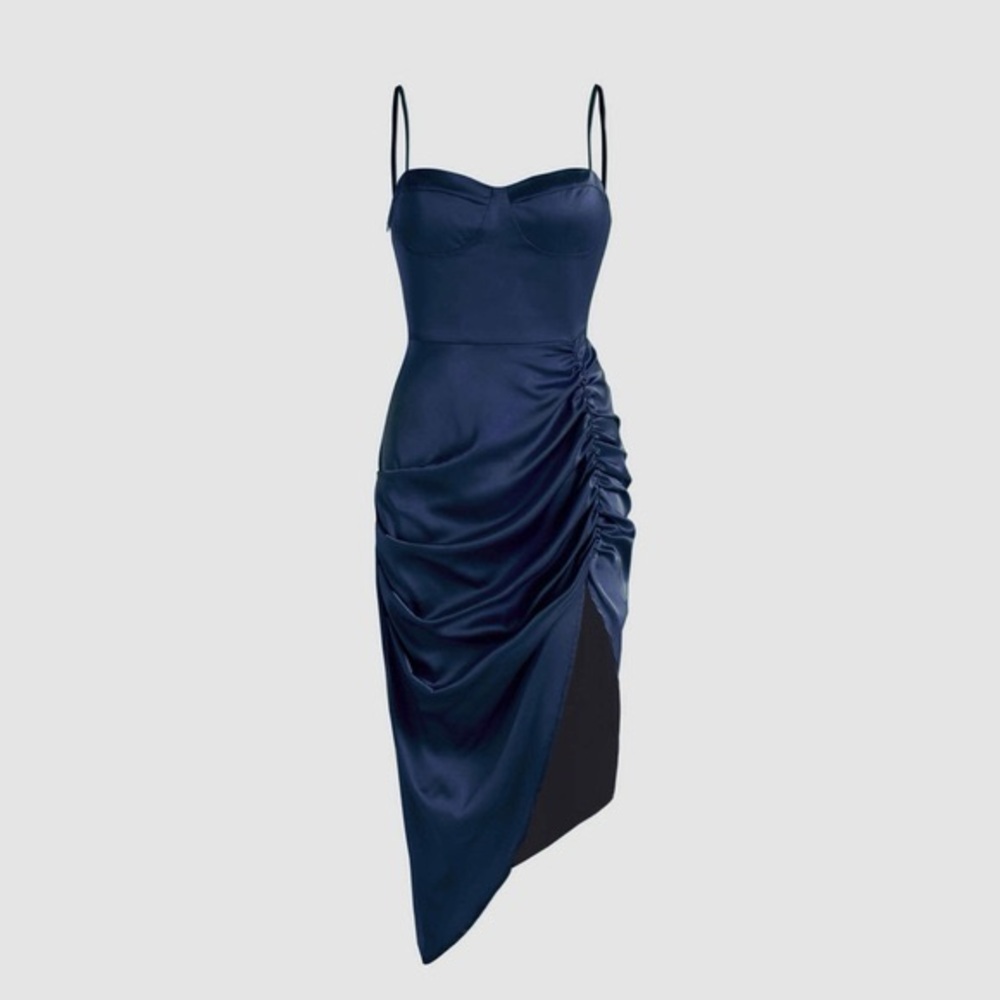 3/$25 Cider Blue Satin Ruched Side Split MIDI Dress